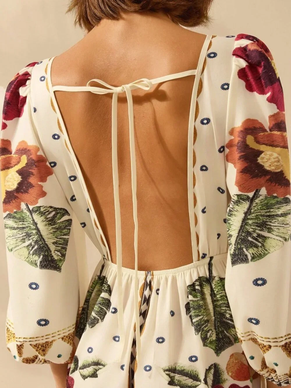 Multicolor Boho Women's Floral Print V-Neck Long Sleeve Hollow Back Dress - Picture 4 of 7